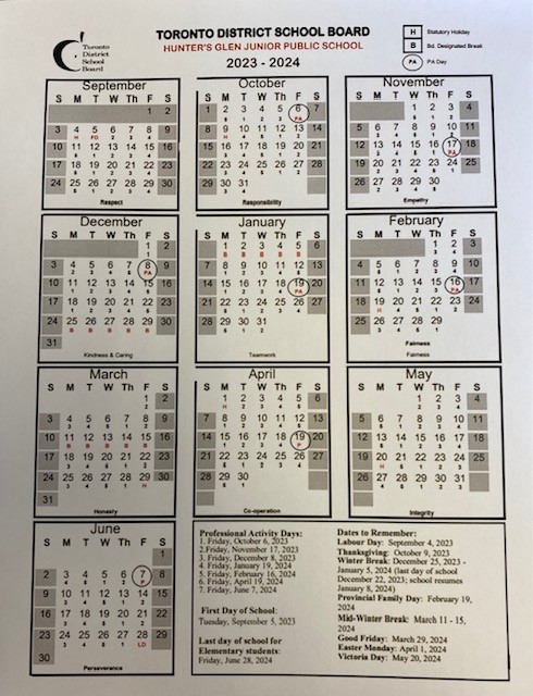 HG School Year Calendar 2023-2024